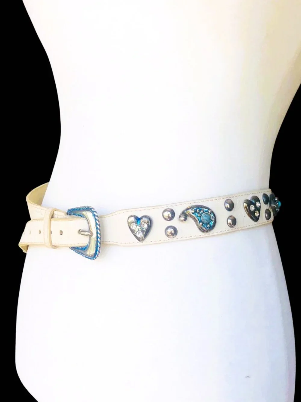 Studded Leather Belt Turquoise Paisley Rhinestone Hearts Embellish Western Chic